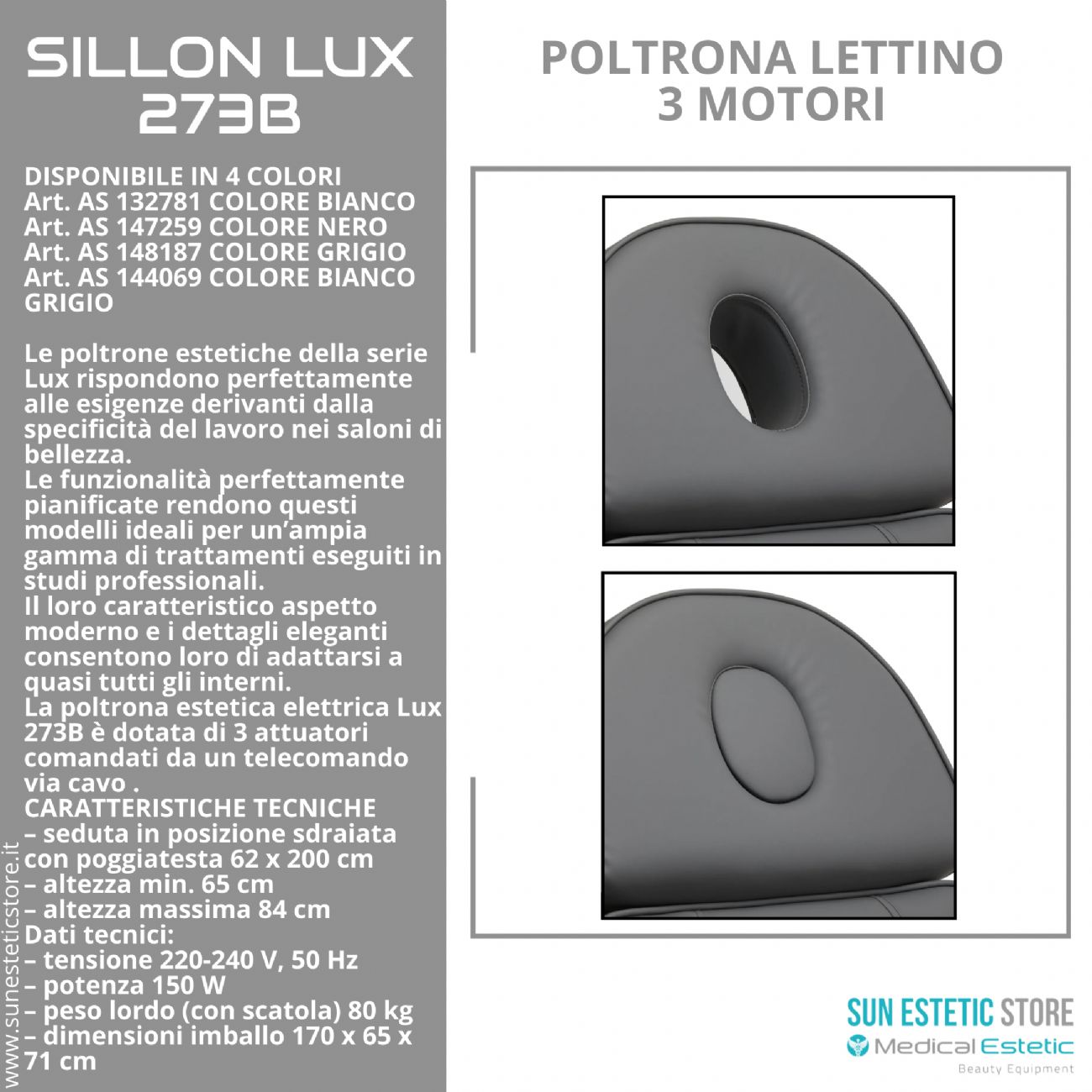 Sillon Lux 273B Poltrona lettino multifunzionale 3 segmenti 3 motori estetica