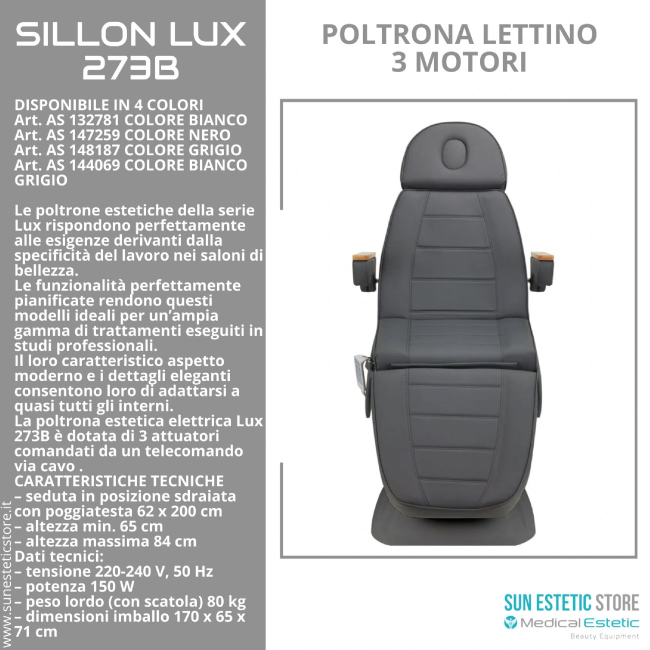 Sillon Lux 273B Poltrona lettino multifunzionale 3 segmenti 3 motori estetica