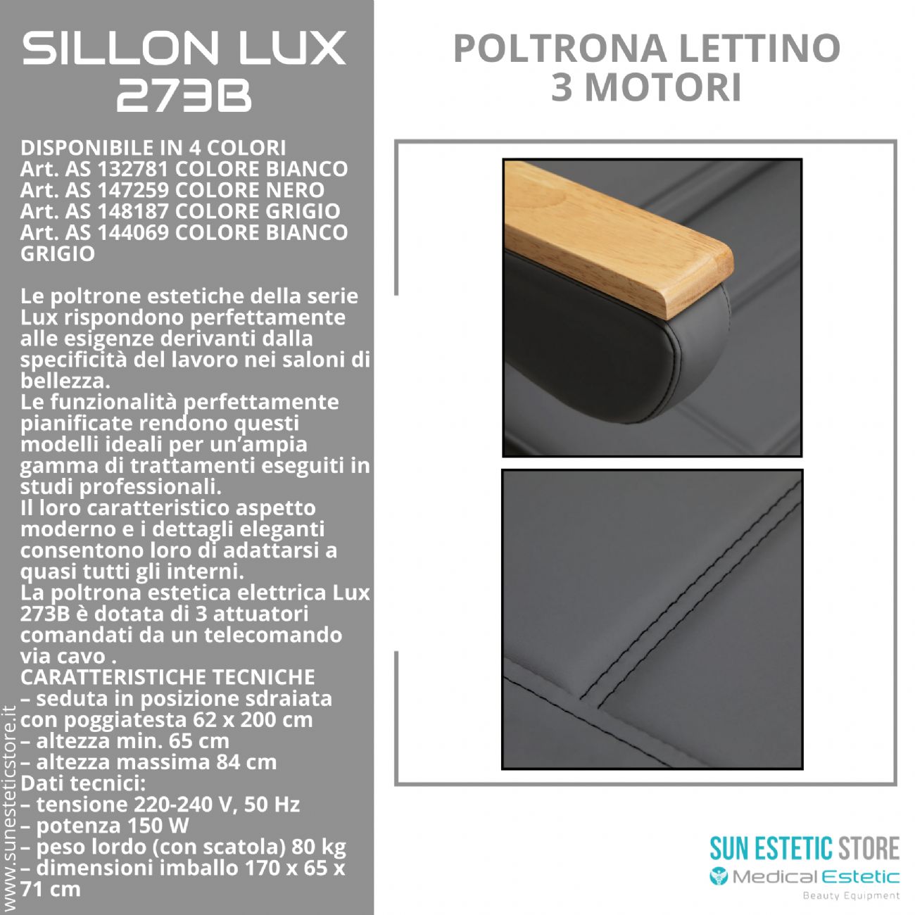 Sillon Lux 273B Poltrona lettino multifunzionale 3 segmenti 3 motori estetica