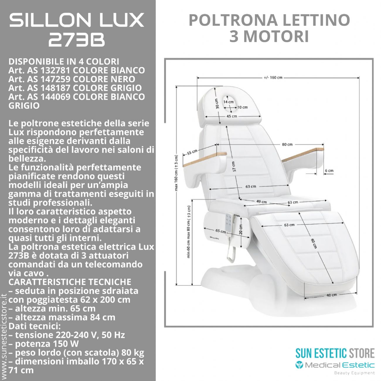 Sillon Lux 273B Poltrona lettino multifunzionale 3 segmenti 3 motori estetica