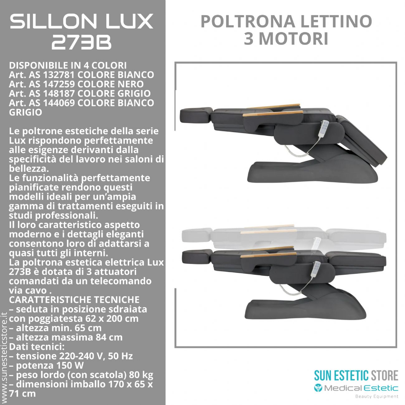 Sillon Lux 273B Poltrona lettino multifunzionale 3 segmenti 3 motori estetica