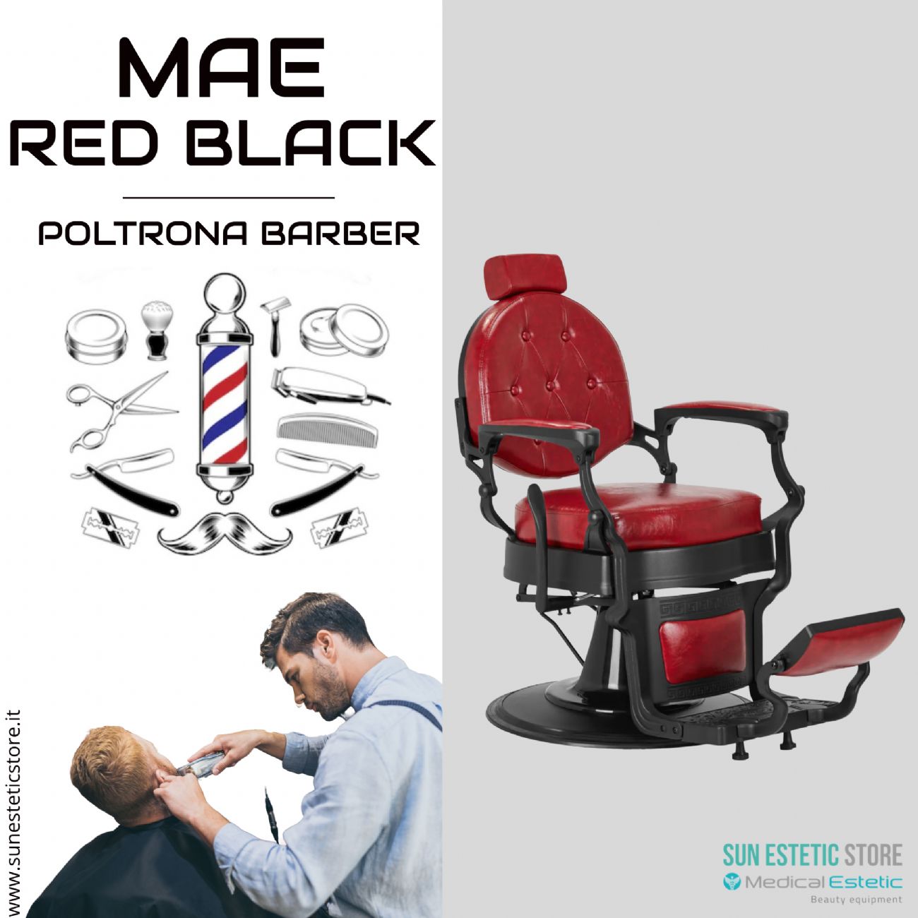 MAE RED BLACK POLTRONA MASCHILE BARBIERE ARREDAMENTI PARRUCCHIERE BARBER SHOP