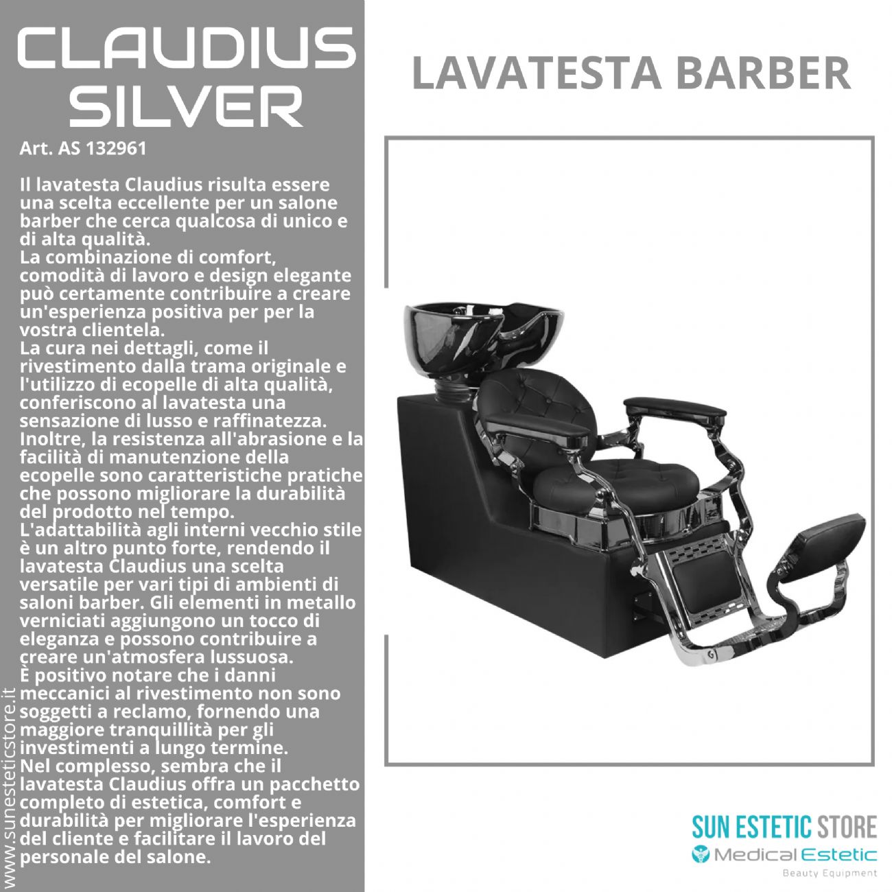 CLAUDIUS SILVER POLTRONA LAVATESTA MASCHILE BARBIERE PARRUCCHIERE BARBER SHOP