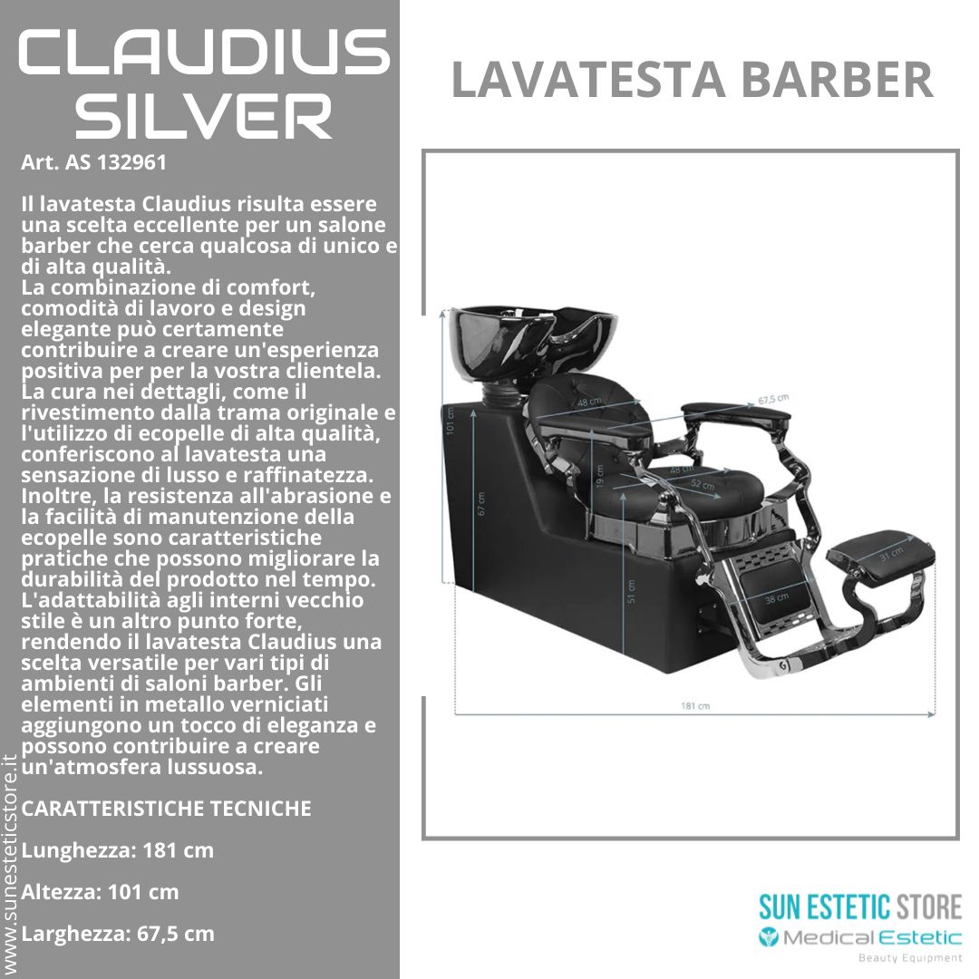 CLAUDIUS SILVER POLTRONA LAVATESTA MASCHILE BARBIERE PARRUCCHIERE BARBER SHOP