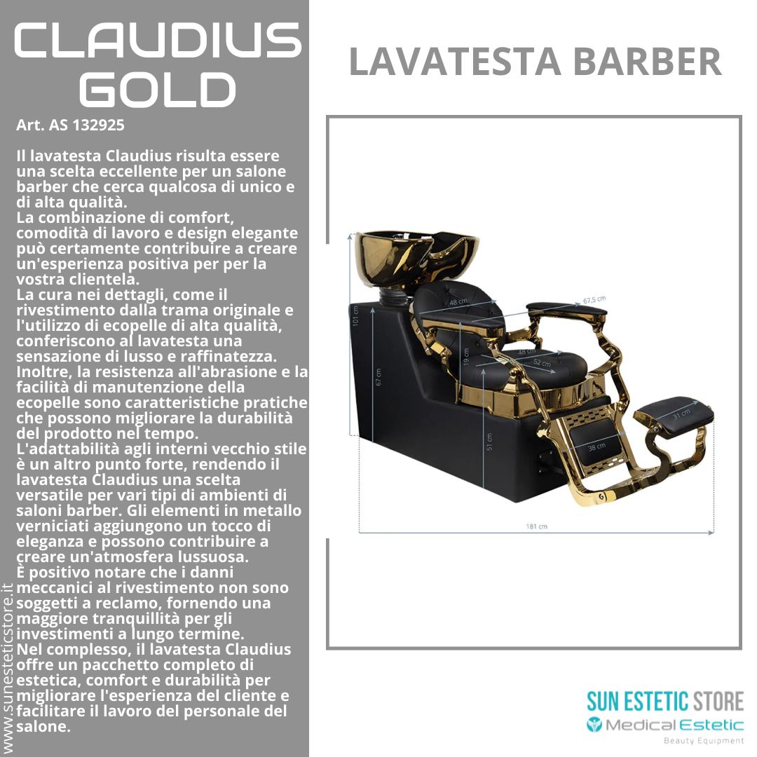 CLAUDIUS GOLD POLTRONA LAVATESTA MASCHILE BARBIERE PARRUCCHIERE BARBER SHOP