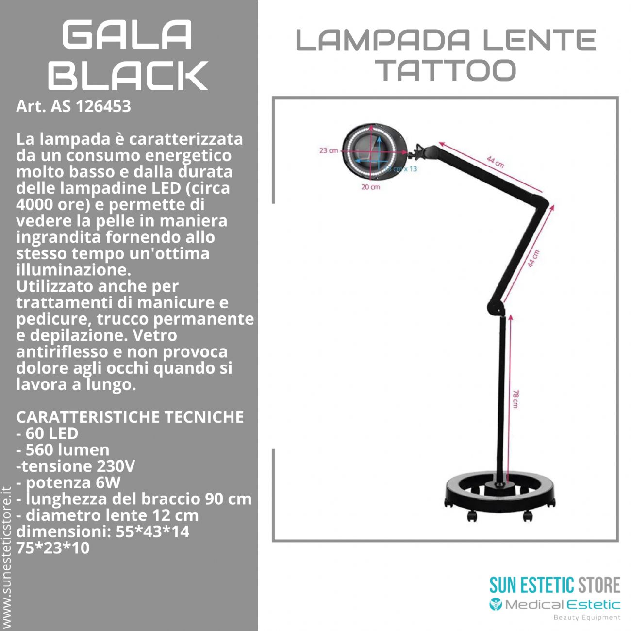 Gala Black lampada led lente ingrandimento estetista studio tattoo medico