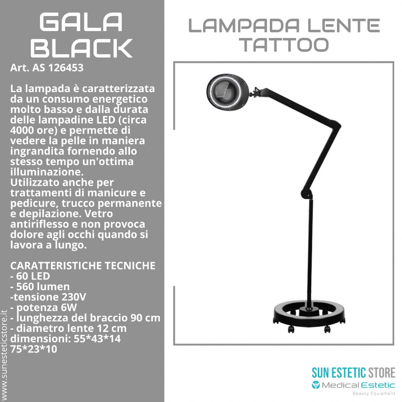 Gala Black lampada led lente ingrandimento estetista studio tattoo medico