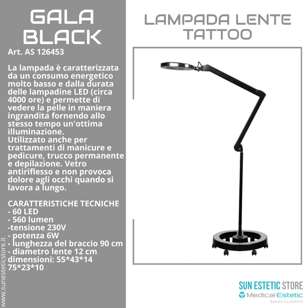 Gala Black lampada led lente ingrandimento estetista studio tattoo medico