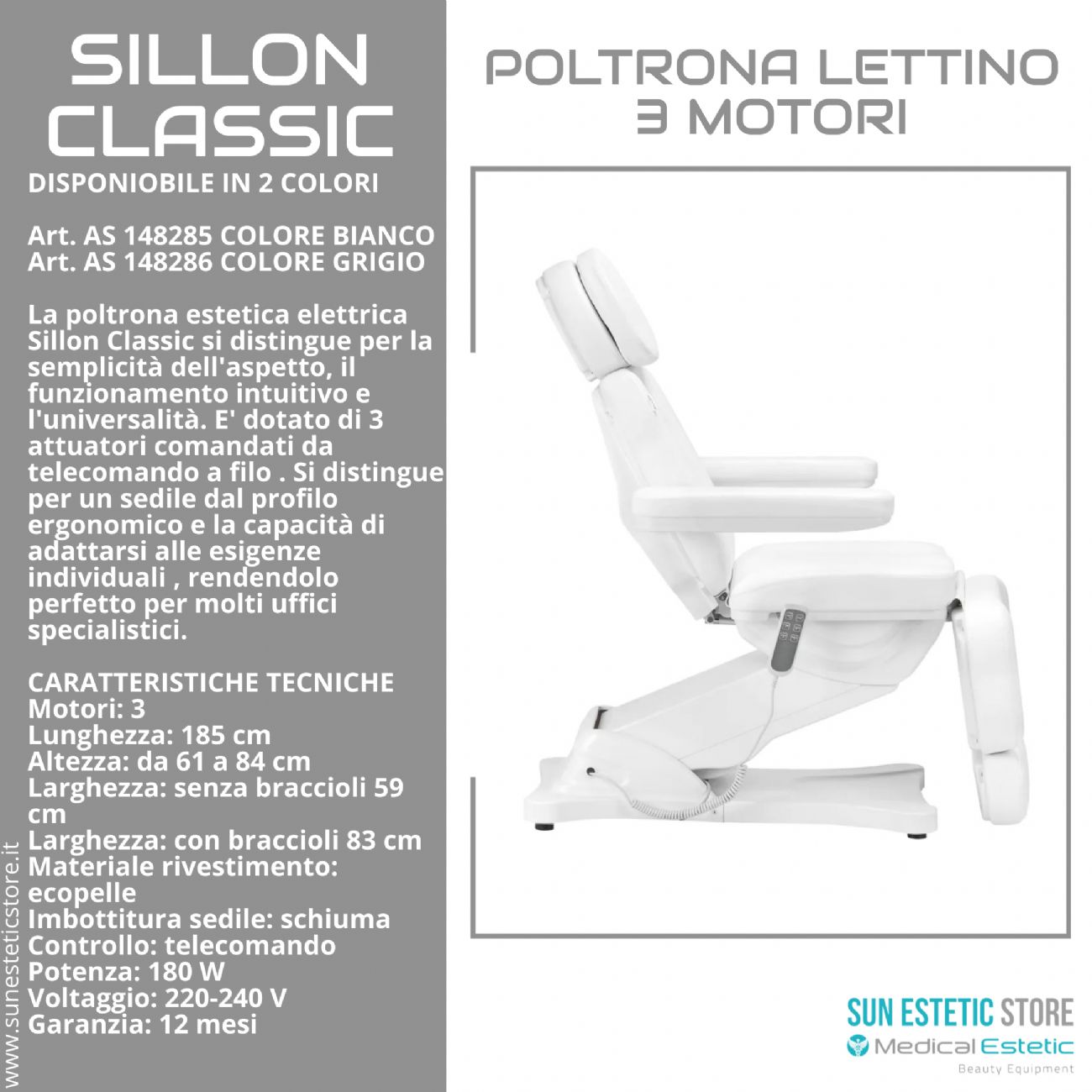 Sillon Classic poltrona lettino elettrica 3 motori estetica spa studio medico