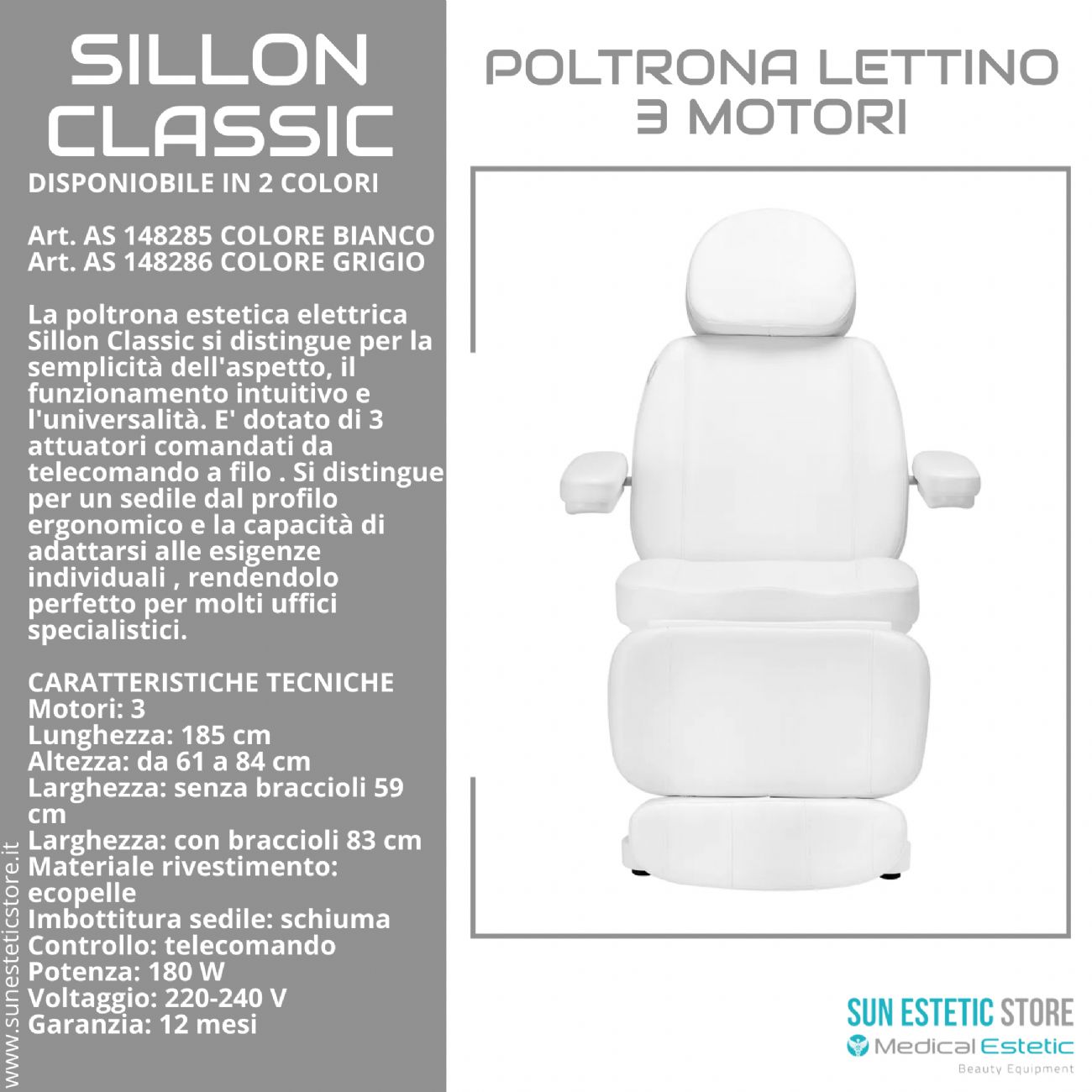 Sillon Classic poltrona lettino elettrica 3 motori estetica spa studio medico