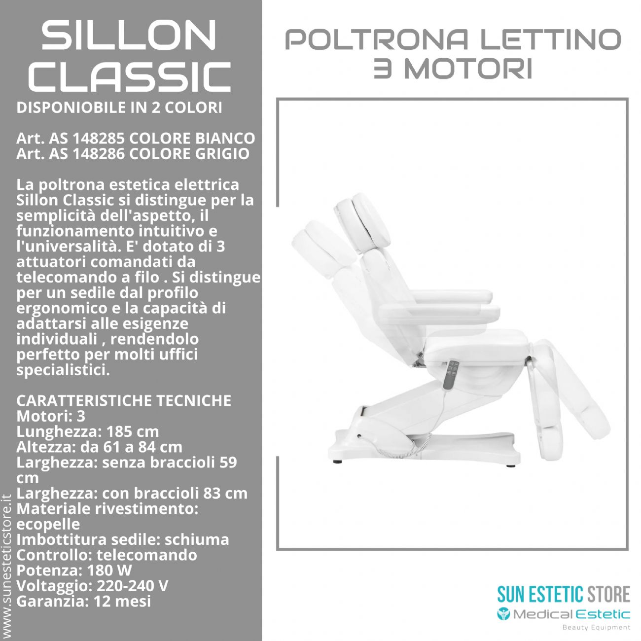 Sillon Classic poltrona lettino elettrica 3 motori estetica spa studio medico