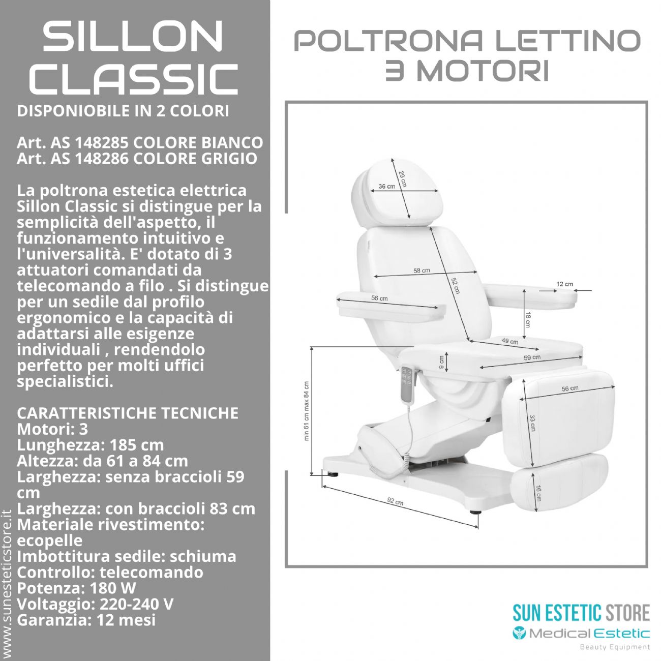 Sillon Classic poltrona lettino elettrica 3 motori estetica spa studio medico