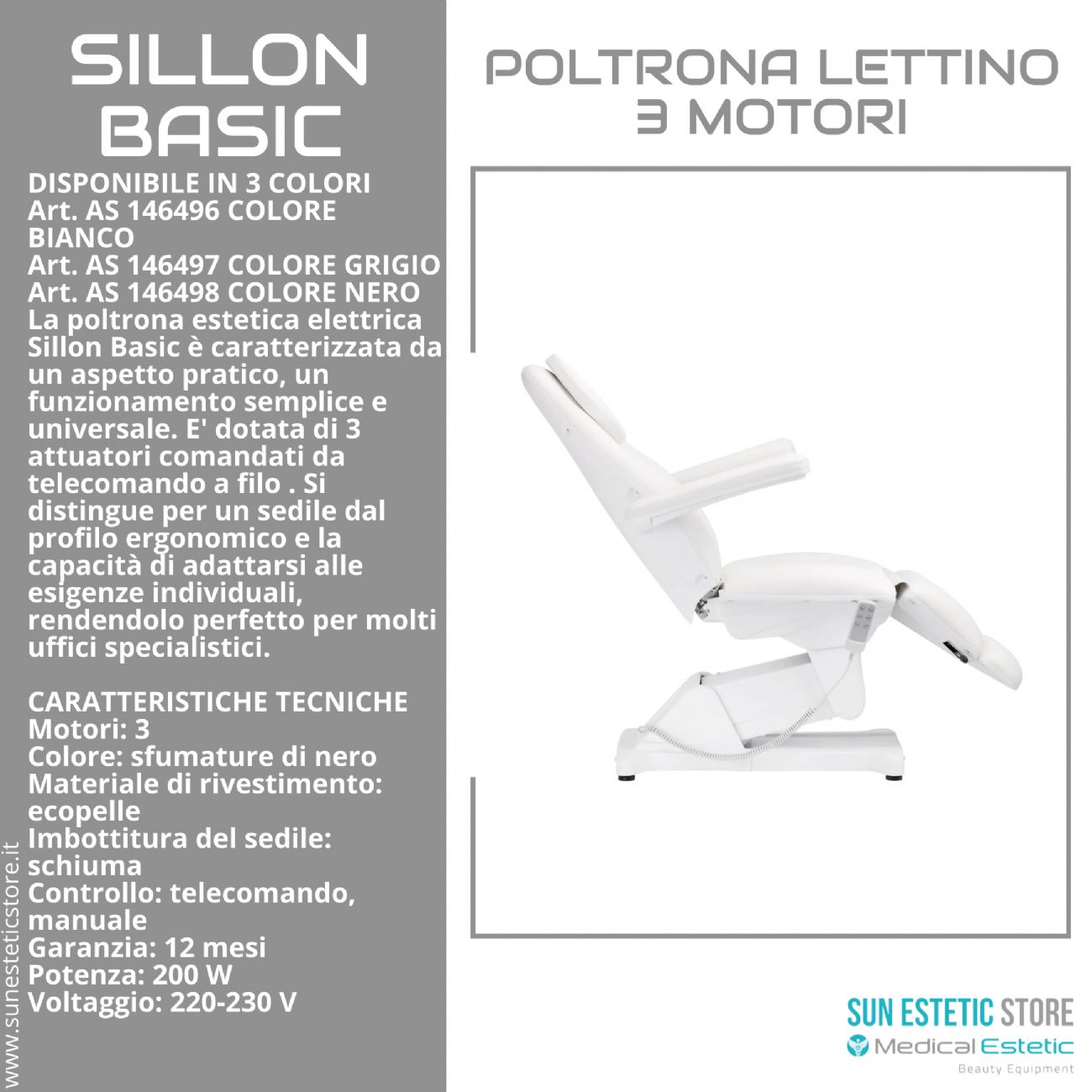 Sillon Basic poltrona lettino elettrica 3 motori estetica spa studio medico