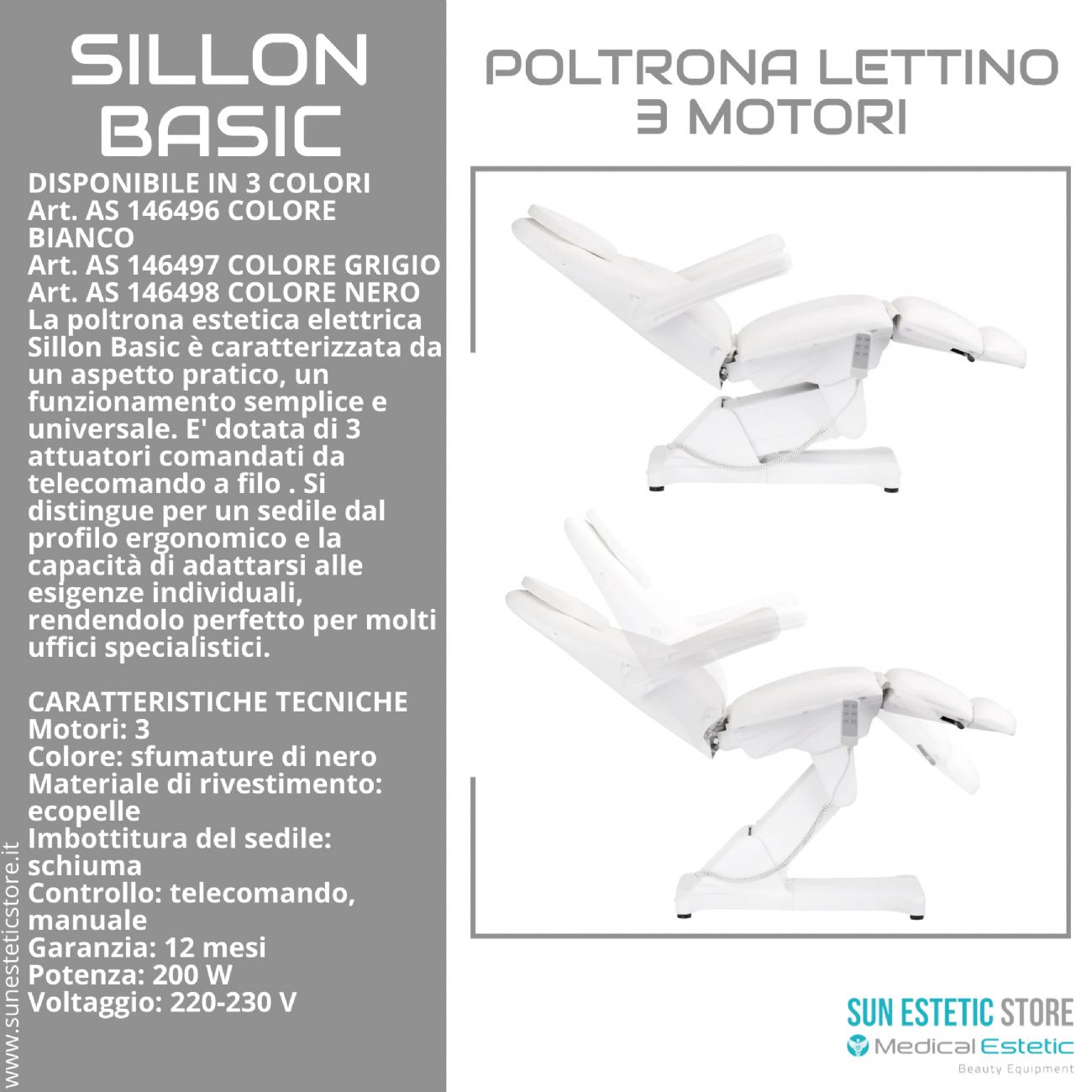 Sillon Basic poltrona lettino elettrica 3 motori estetica spa studio medico