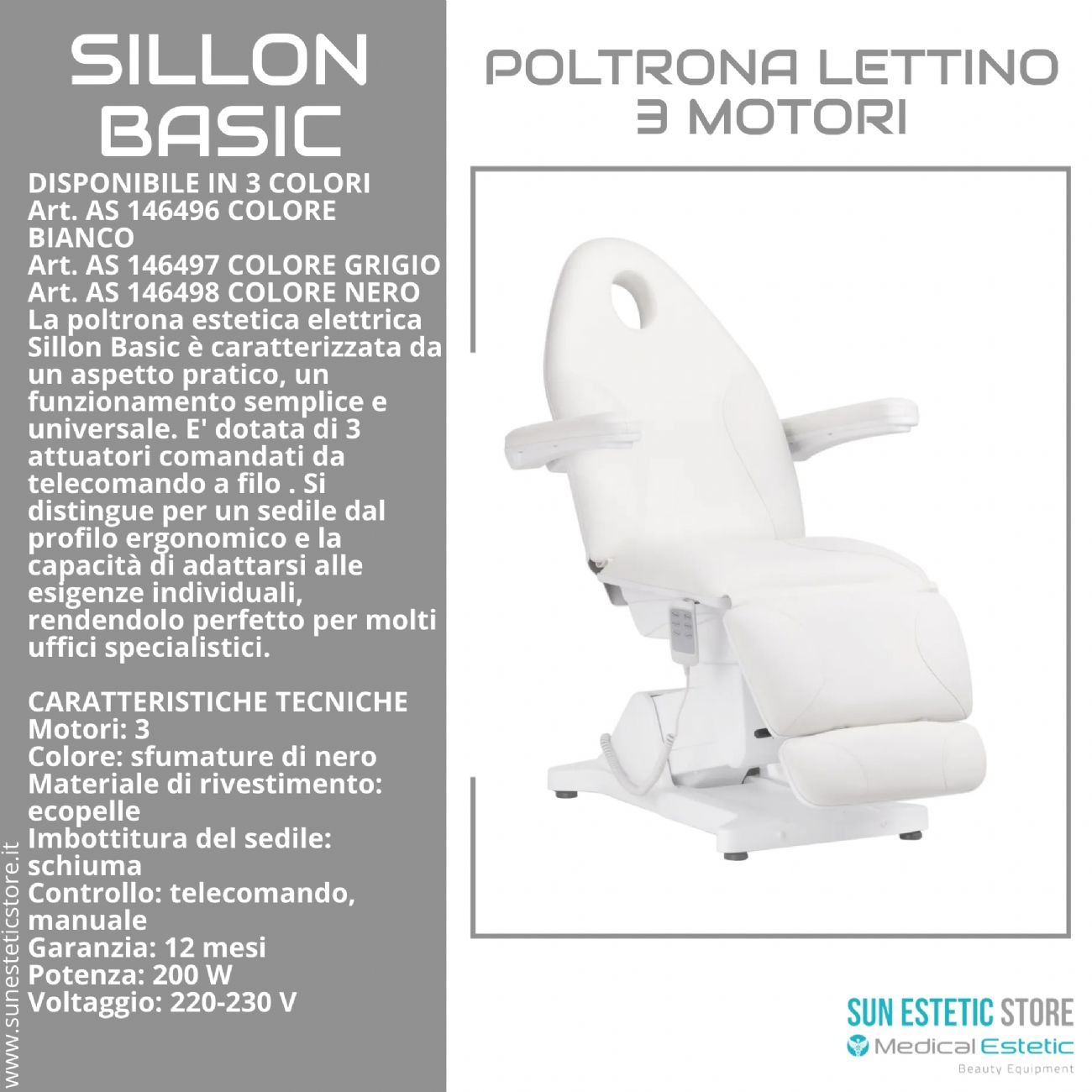 Sillon Basic poltrona lettino elettrica 3 motori estetica spa studio medico