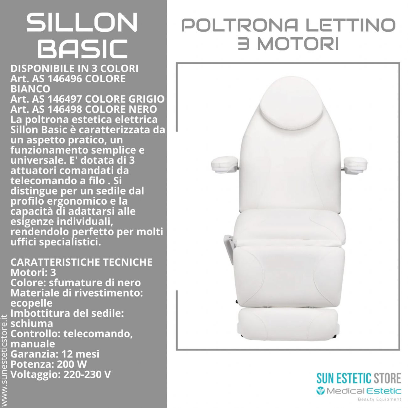 Sillon Basic poltrona lettino elettrica 3 motori estetica spa studio medico