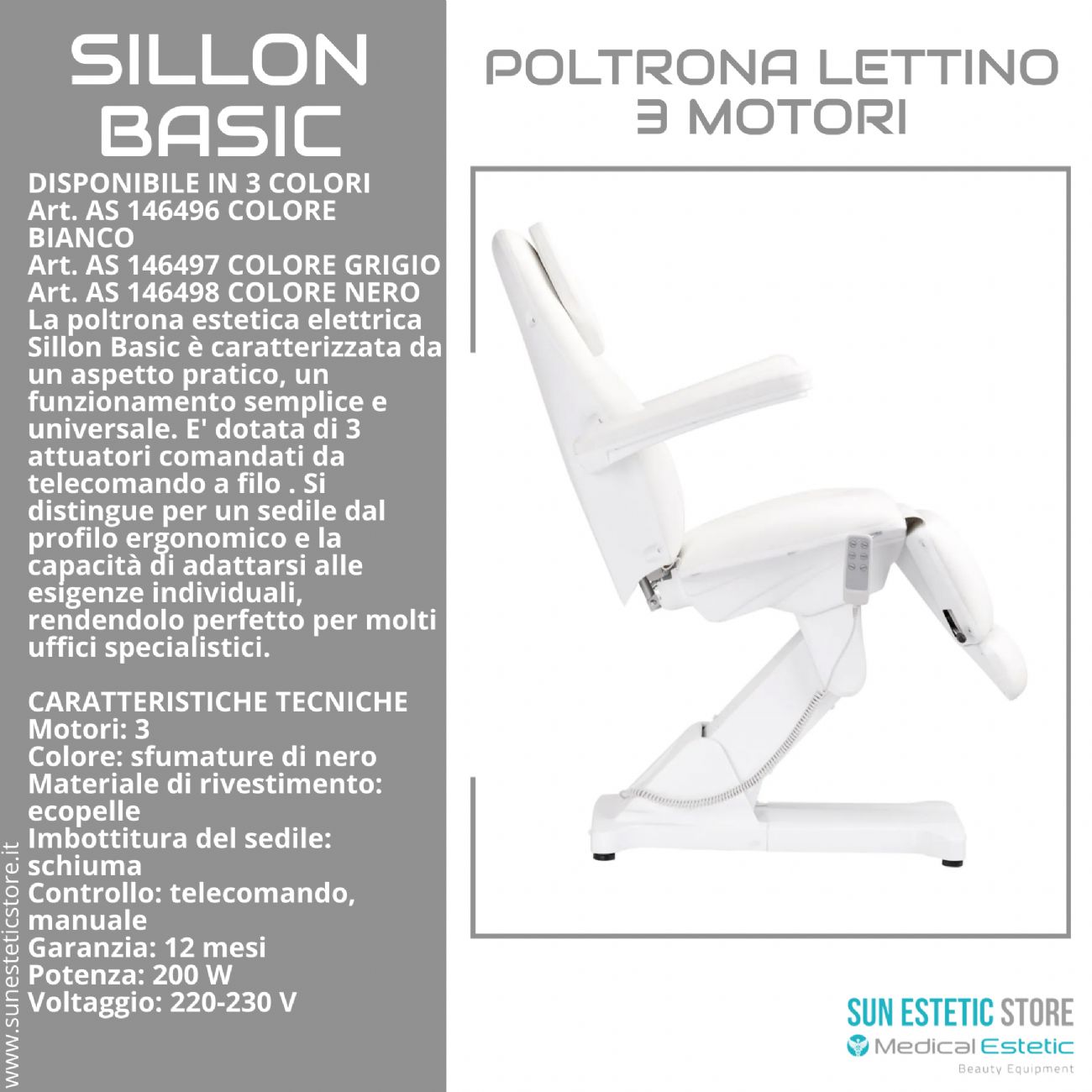 Sillon Basic poltrona lettino elettrica 3 motori estetica spa studio medico