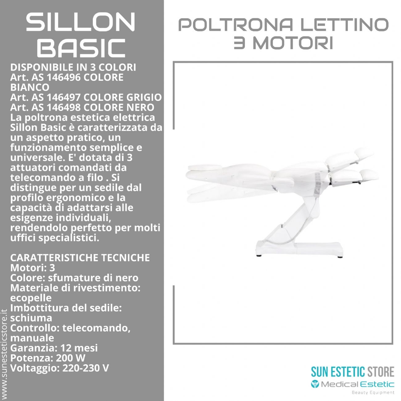 Sillon Basic poltrona lettino elettrica 3 motori estetica spa studio medico