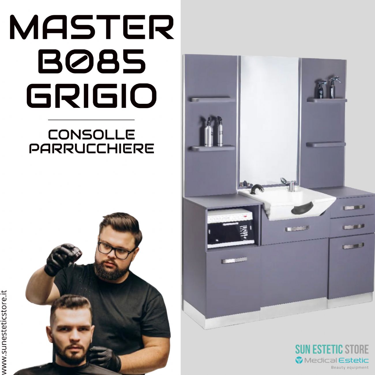 MASTER B085 CONSOLLE CON LAVELLO CASSETTI E MENSOLE PARRUCCHIERE BARBER