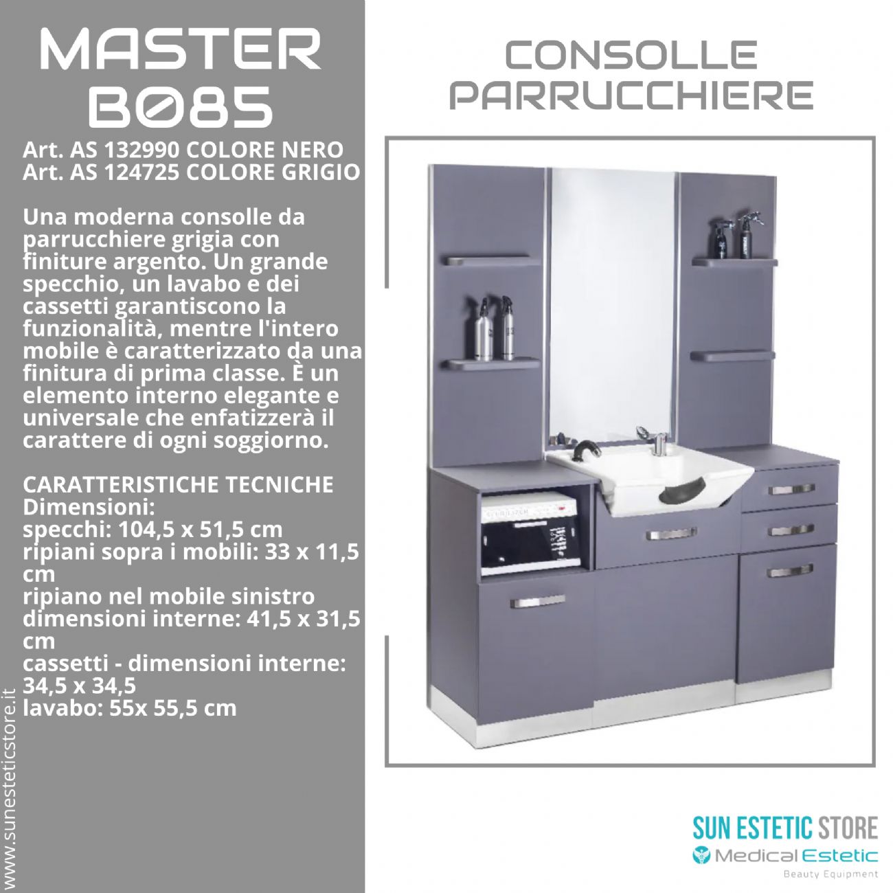 MASTER B085 CONSOLLE CON LAVELLO CASSETTI E MENSOLE PARRUCCHIERE BARBER