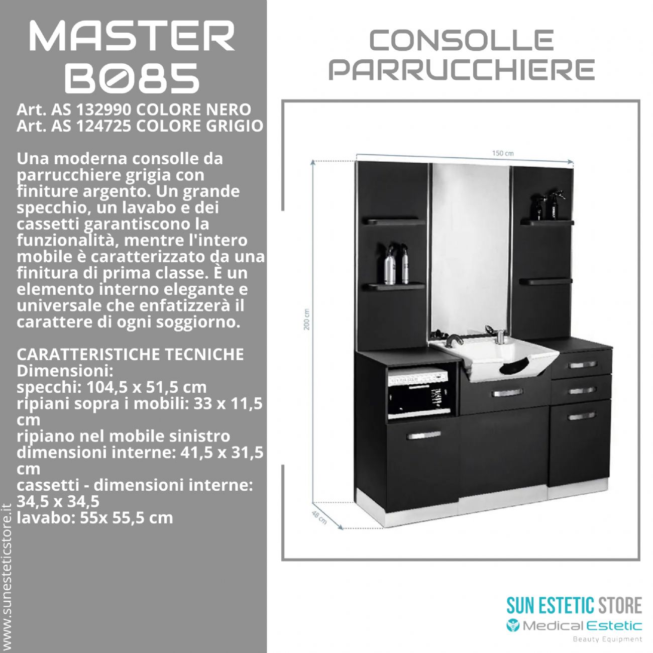 MASTER B085 CONSOLLE CON LAVELLO CASSETTI E MENSOLE PARRUCCHIERE BARBER