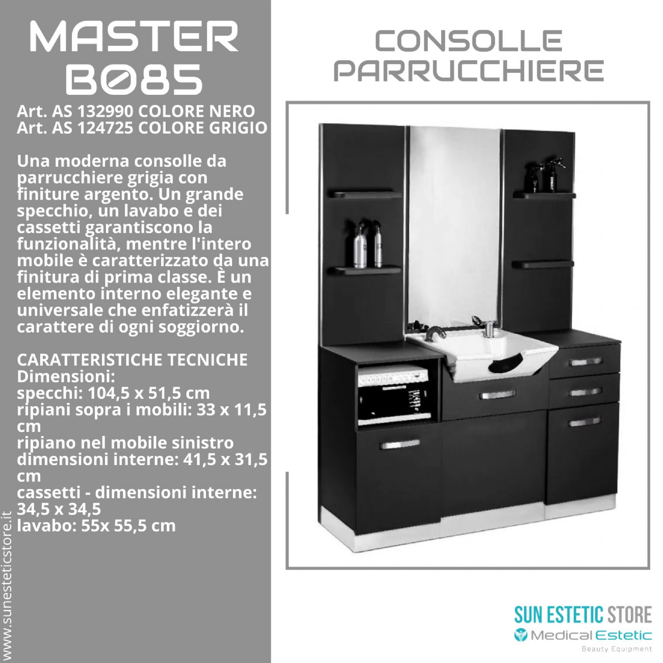 MASTER B085 CONSOLLE CON LAVELLO CASSETTI E MENSOLE PARRUCCHIERE BARBER