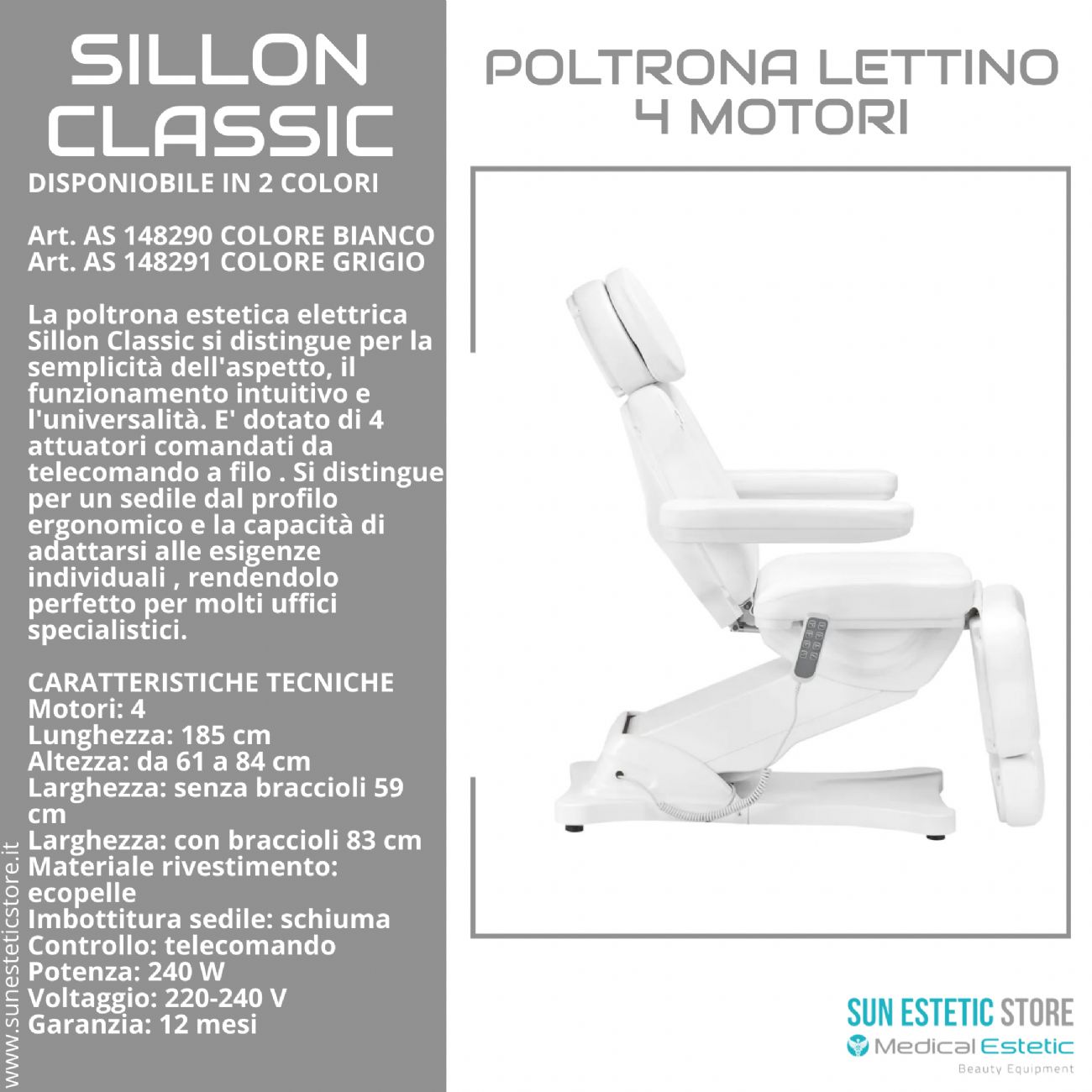 Sillon Classic poltrona lettino elettrica 4 motori estetica spa studio medico