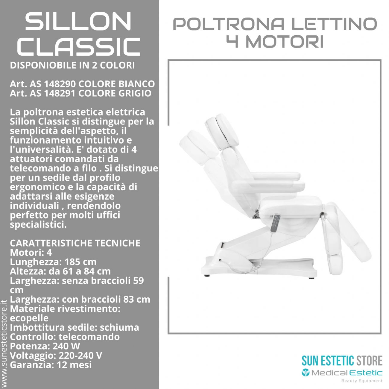 Sillon Classic poltrona lettino elettrica 4 motori estetica spa studio medico