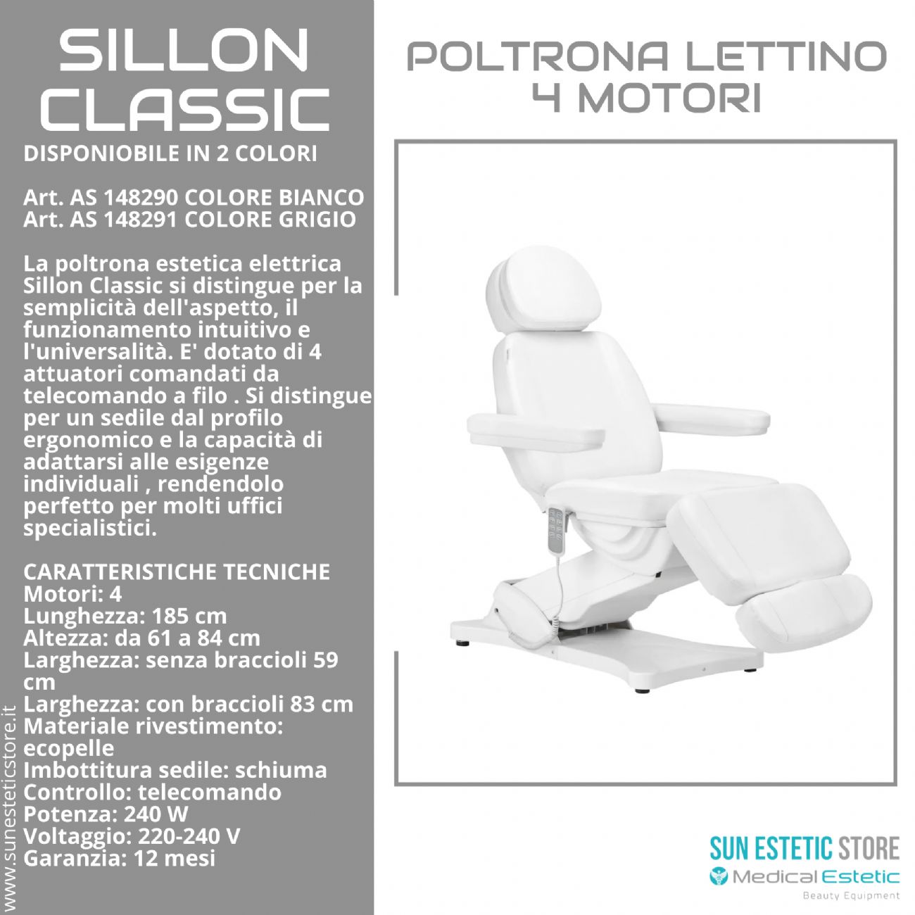 Sillon Classic poltrona lettino elettrica 4 motori estetica spa studio medico