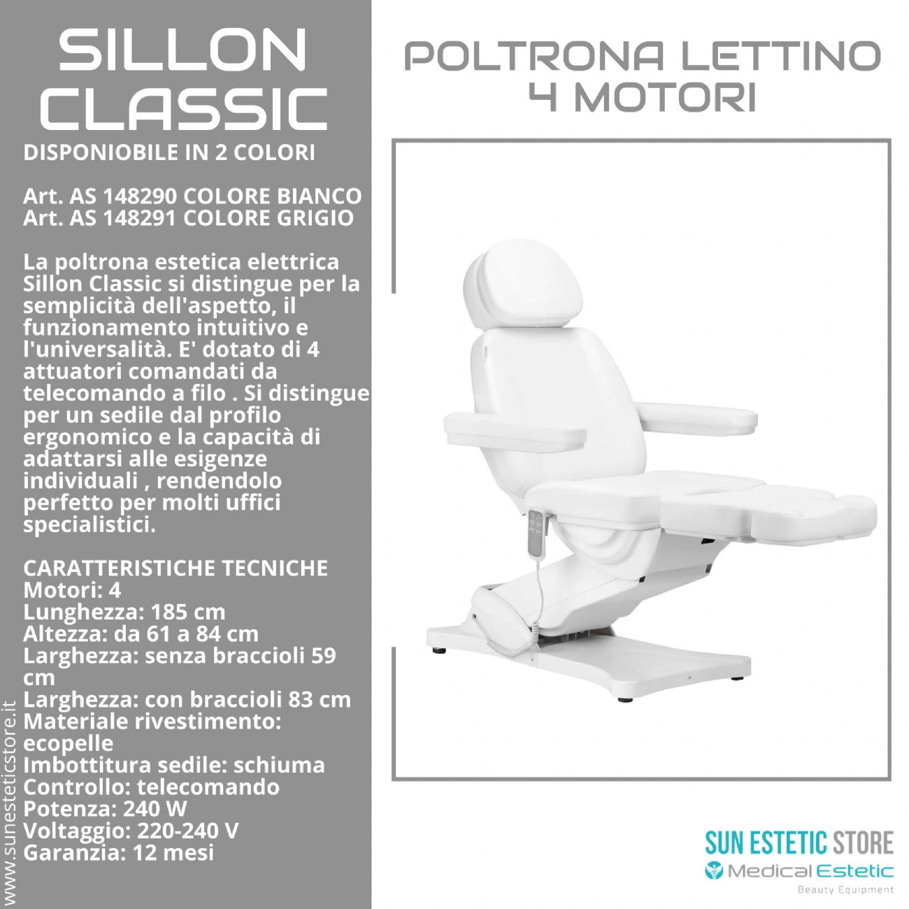 Sillon Classic poltrona lettino elettrica 4 motori estetica spa studio medico