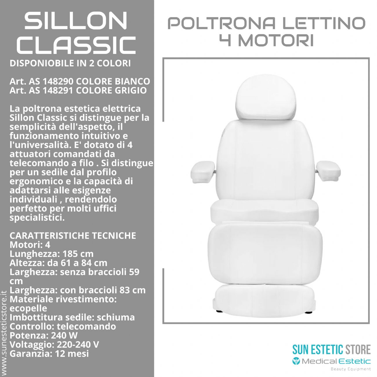 Sillon Classic poltrona lettino elettrica 4 motori estetica spa studio medico