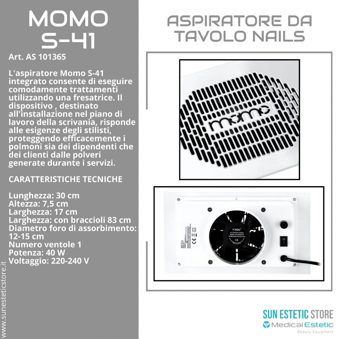 Momo S-41 aspiratore da incasso per tavolo manicure ricostruzione unghie nails