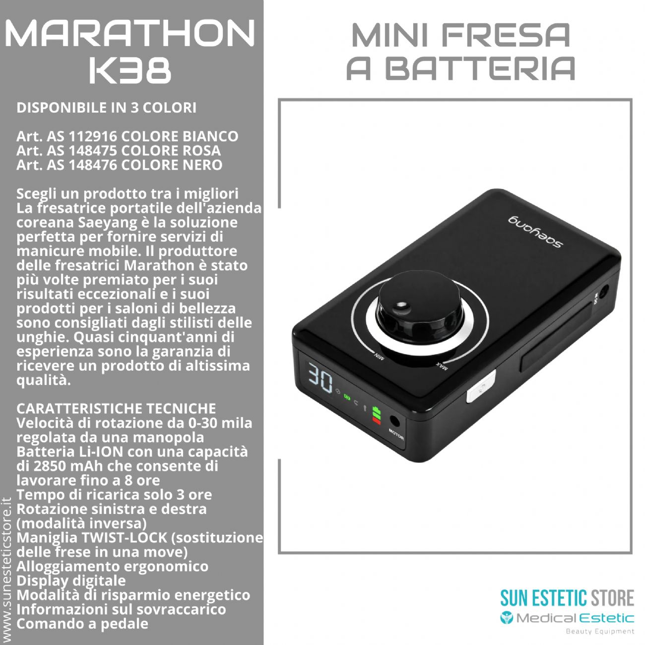 Marathon k38 fresa micromotore a batteria portatile onicotecnica nails