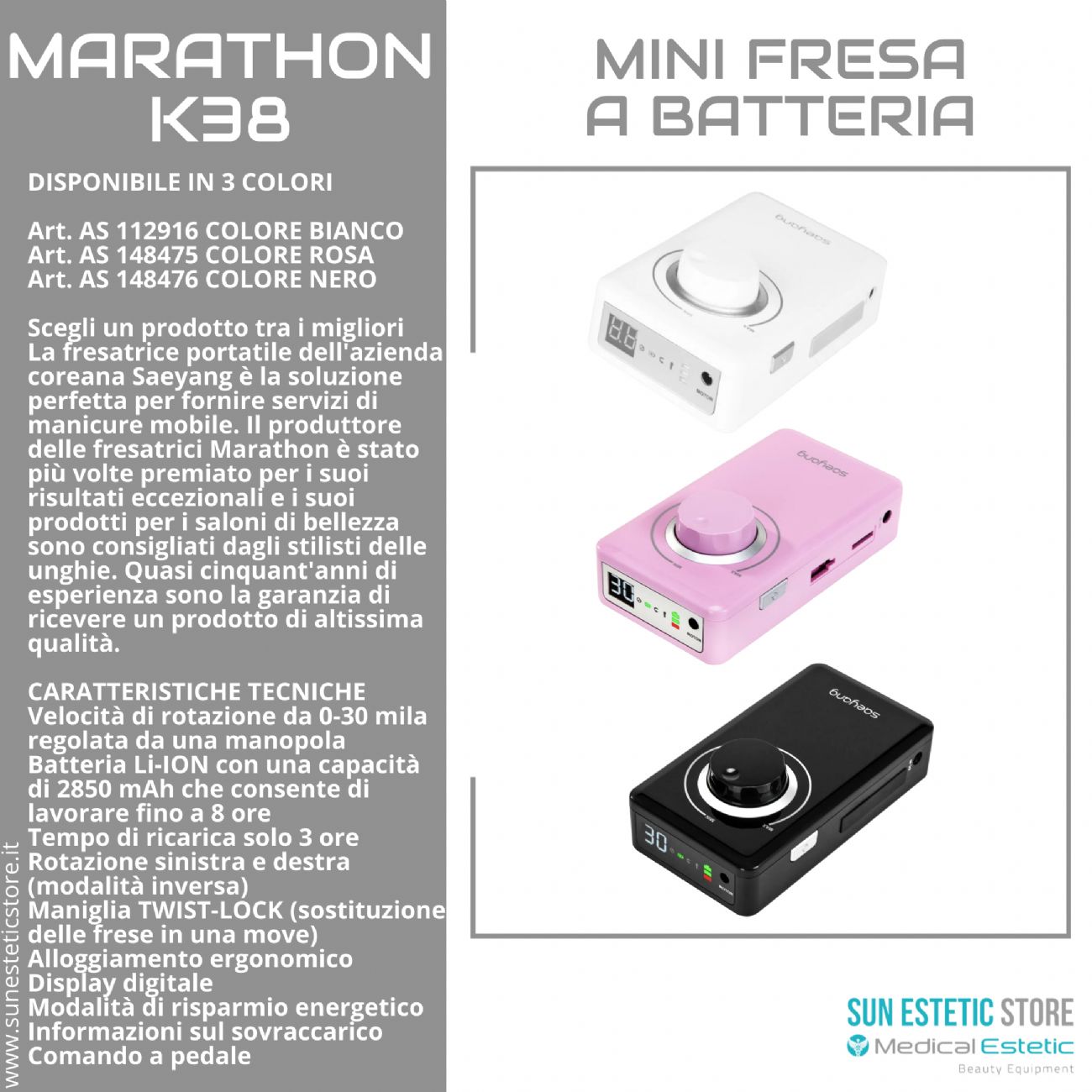 Marathon k38 fresa micromotore a batteria portatile onicotecnica nails