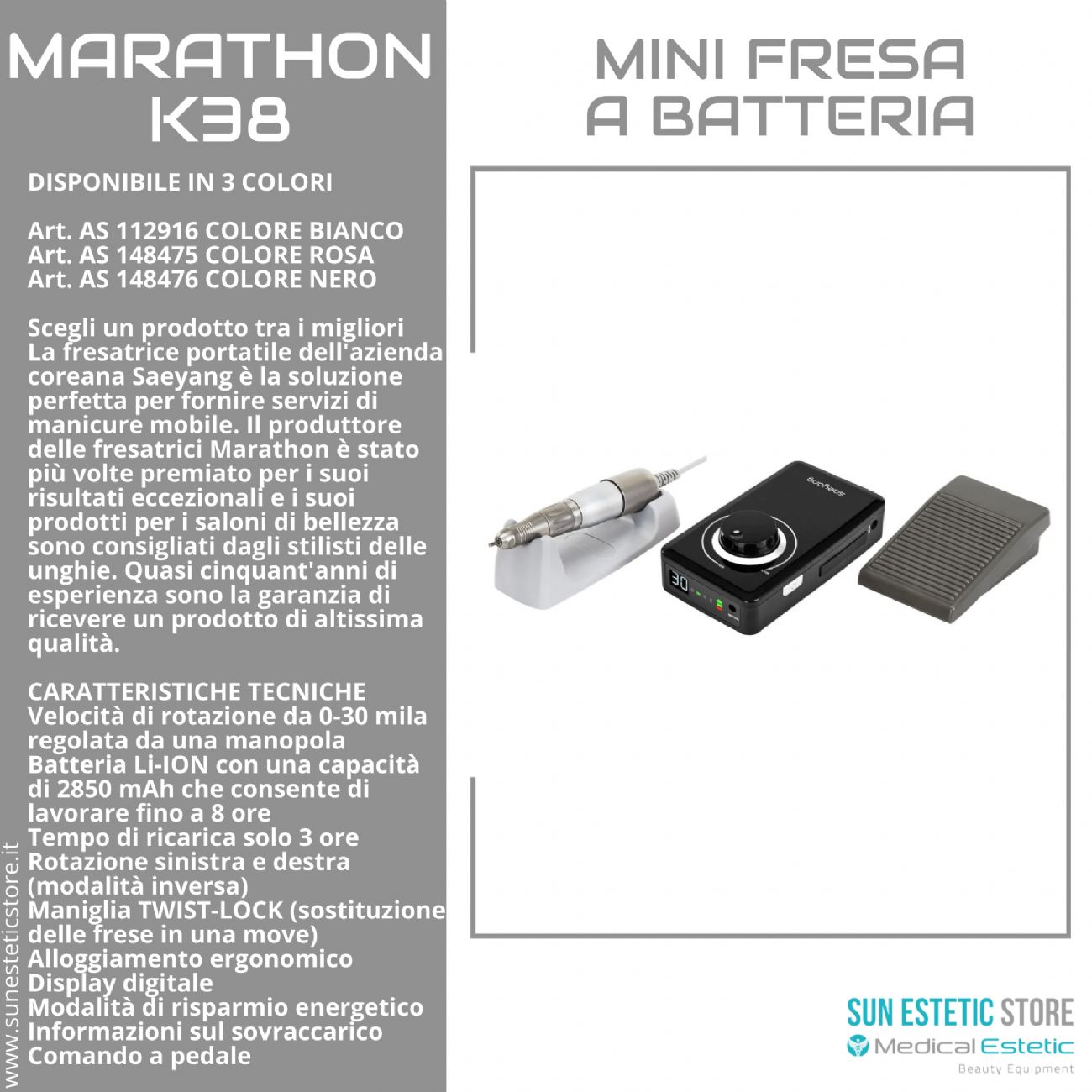 Marathon k38 fresa micromotore a batteria portatile onicotecnica nails