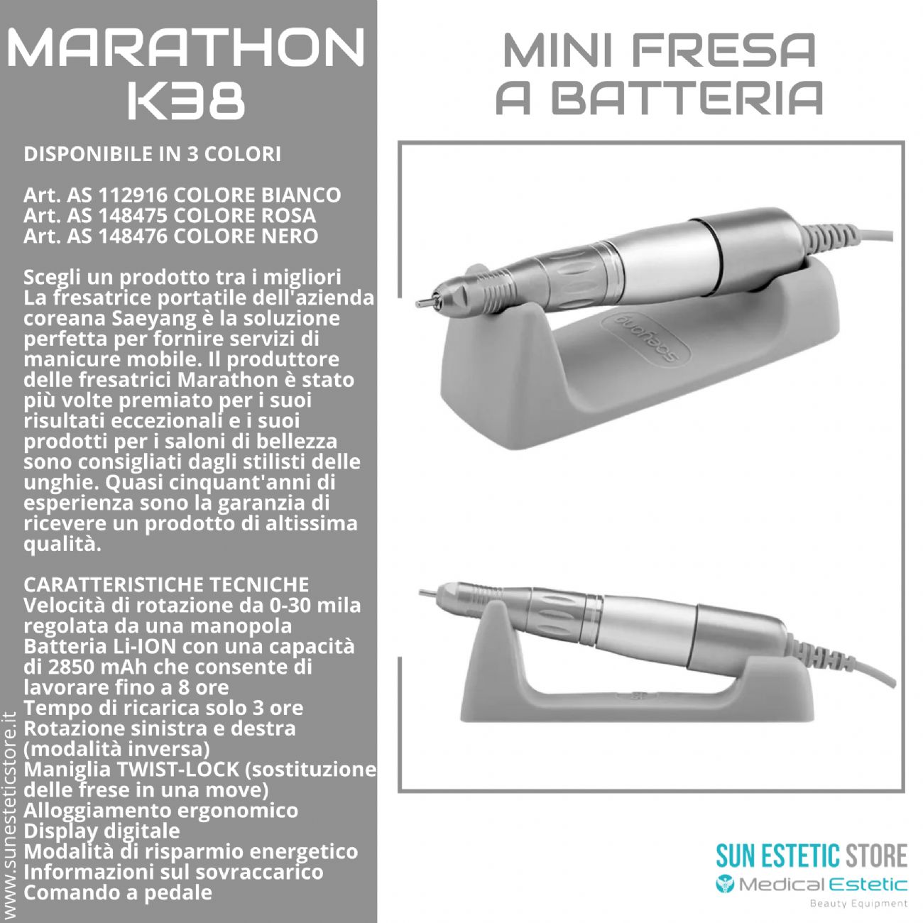 Marathon k38 fresa micromotore a batteria portatile onicotecnica nails