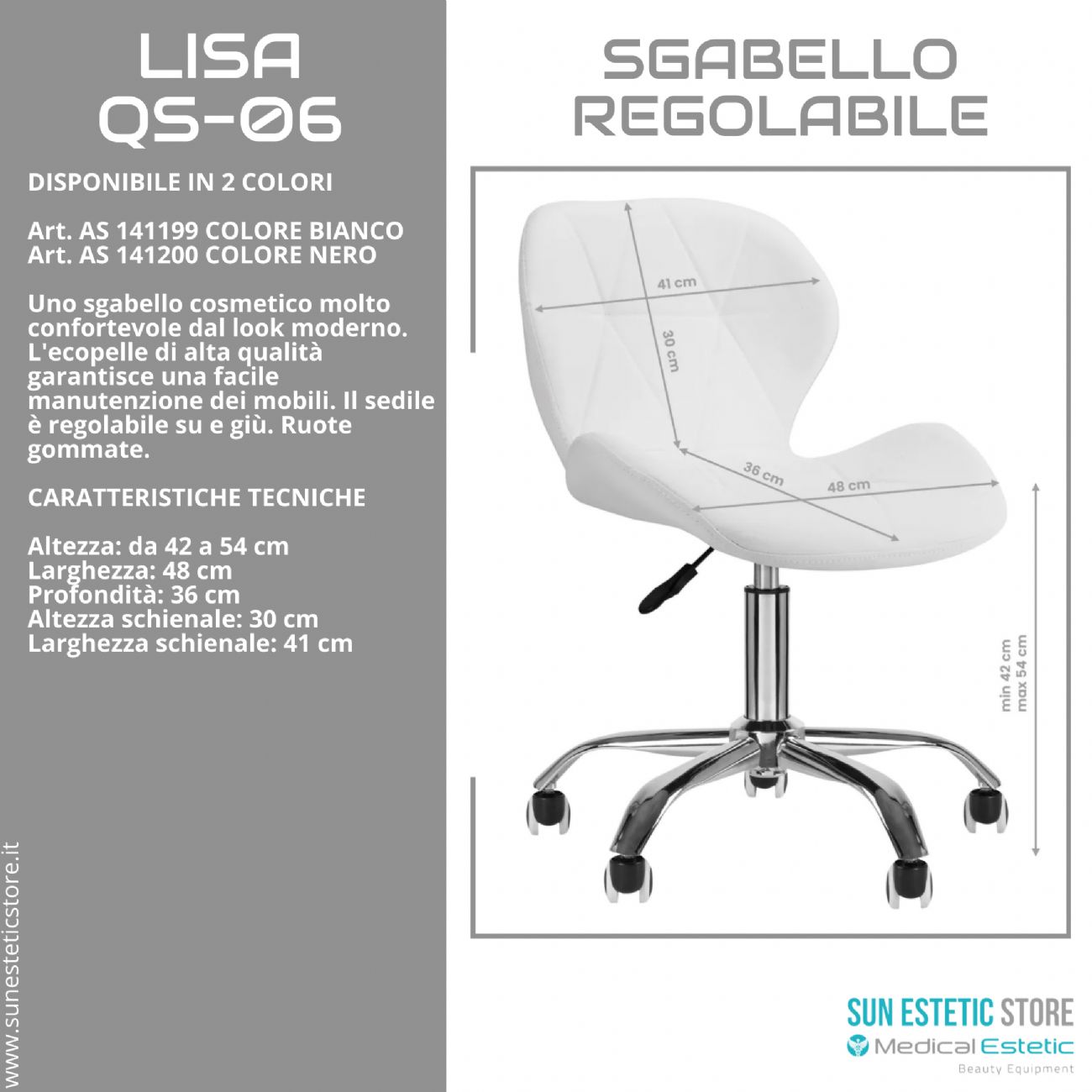 Lisa QS-06 sgabello poltroncina regolabile con schienale estetica manicure