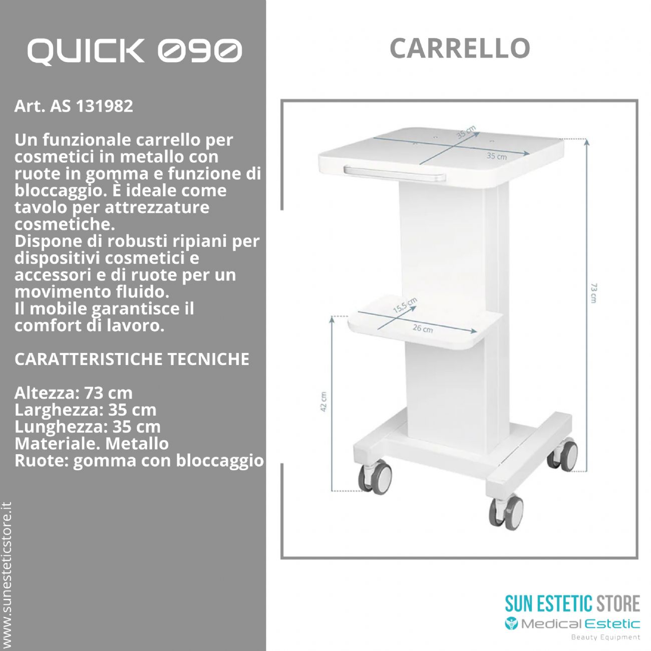 Quick 090 carrello porta tecnologie estetica in metallo con ruote bloccabili