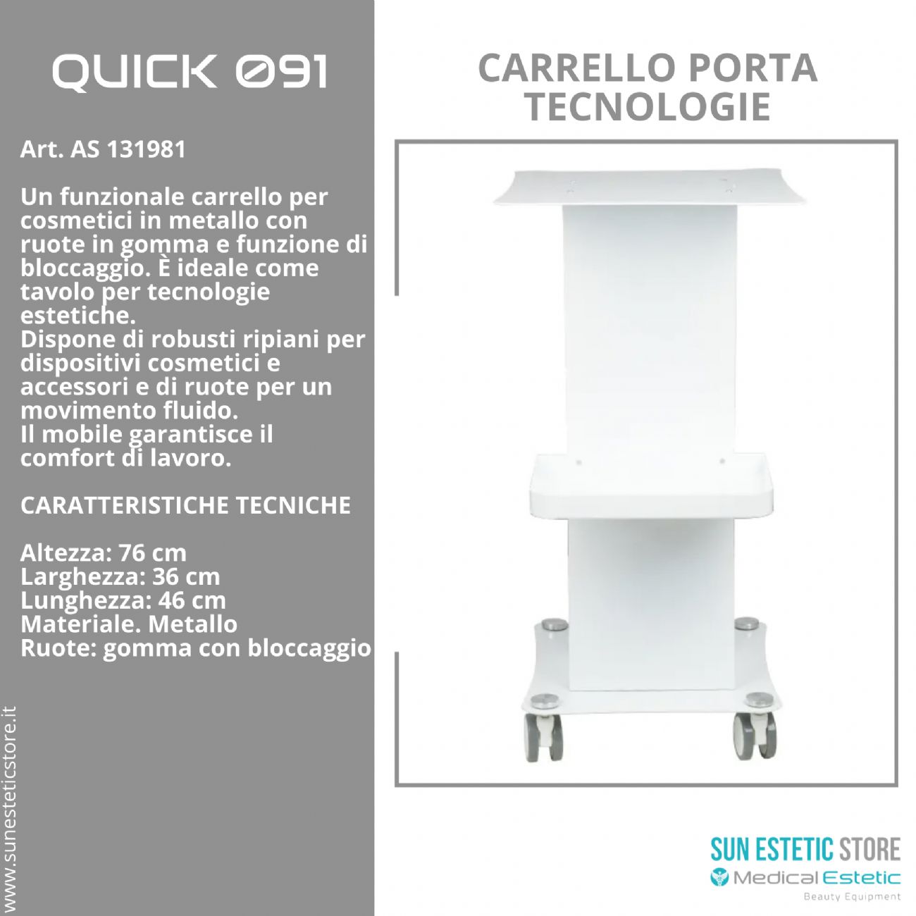 Quick 091 carrello porta tecnologie estetica in metallo con ruote bloccabili