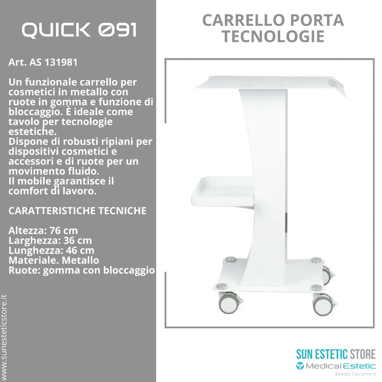 Quick 091 carrello porta tecnologie estetica in metallo con ruote bloccabili