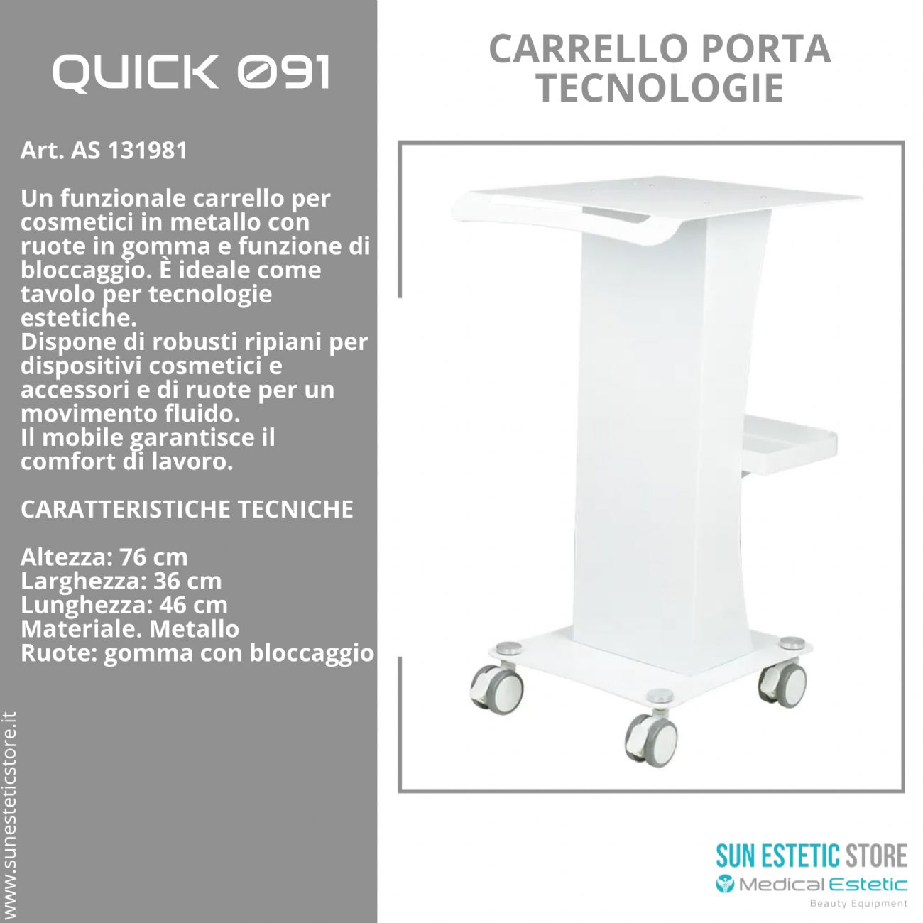 Quick 091 carrello porta tecnologie estetica in metallo con ruote bloccabili