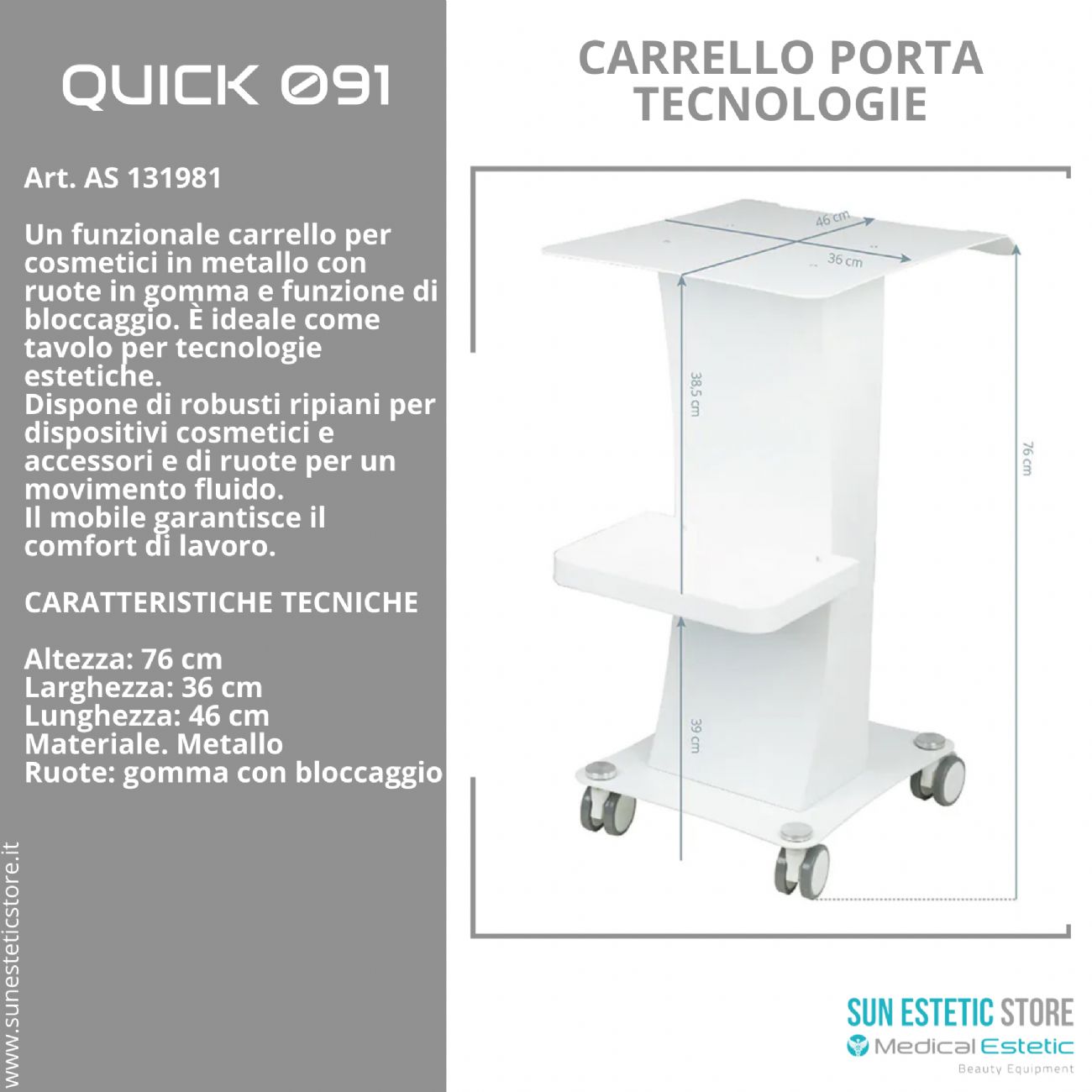 Quick 091 carrello porta tecnologie estetica in metallo con ruote bloccabili