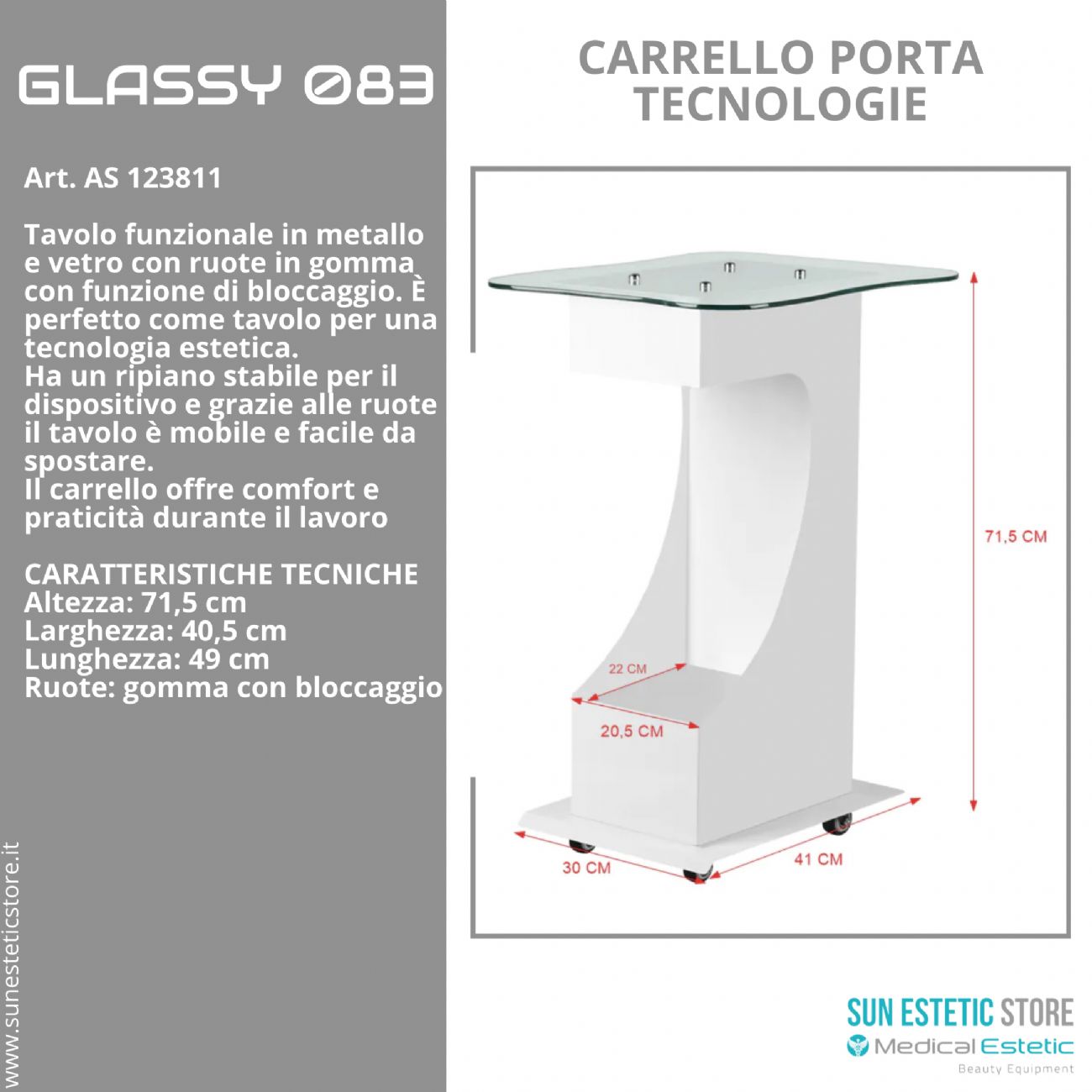 Glassy 083 carrello porta tecnologie estetica in metallo con ruote bloccabili