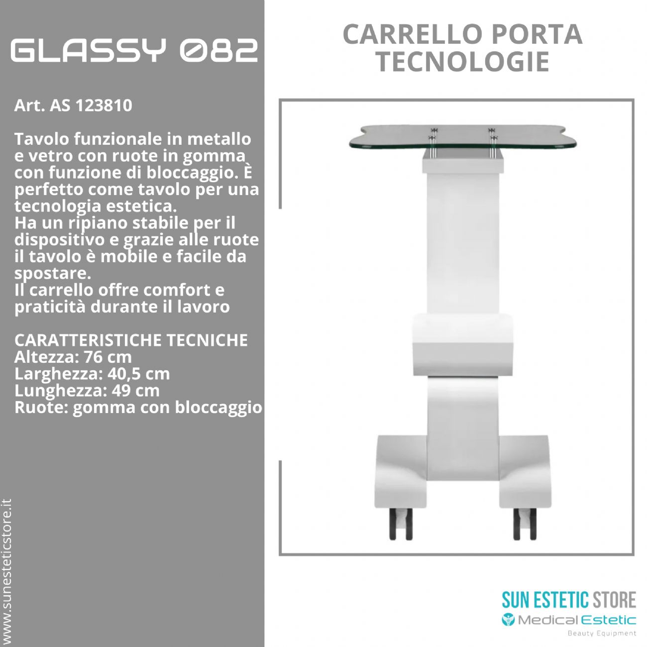 Glassy 082 carrello porta tecnologie estetica in metallo con ruote bloccabili