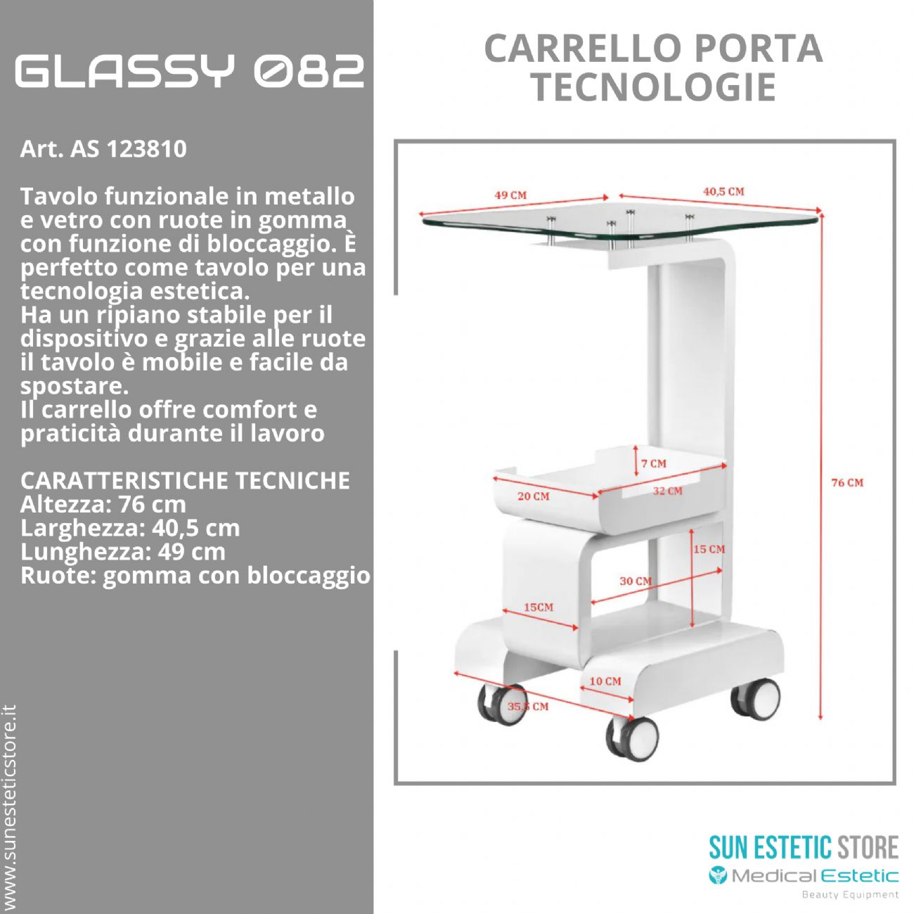 Glassy 082 carrello porta tecnologie estetica in metallo con ruote bloccabili