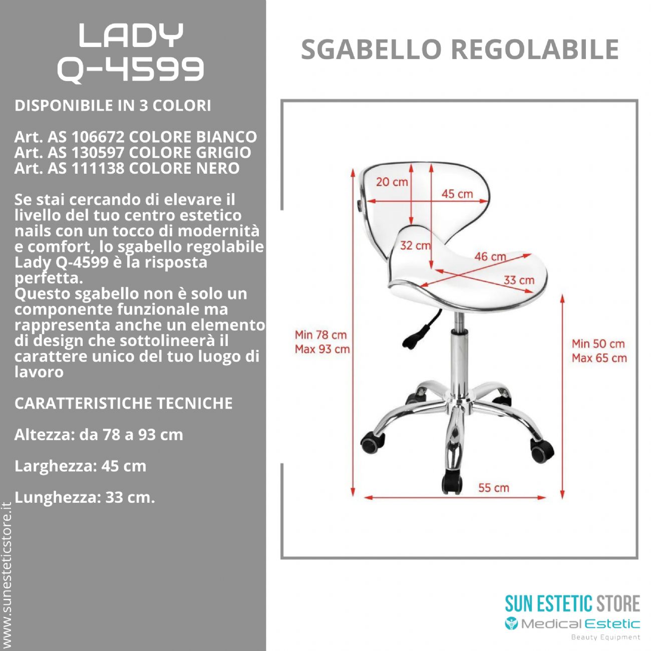 Lady Q-4599 sgabello poltroncina regolabile con schienale estetica nails