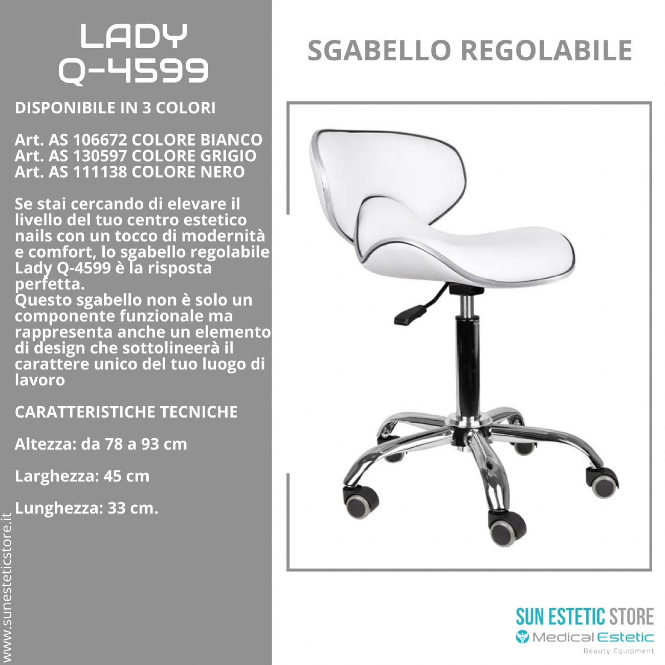 Lady Q-4599 sgabello poltroncina regolabile con schienale estetica nails