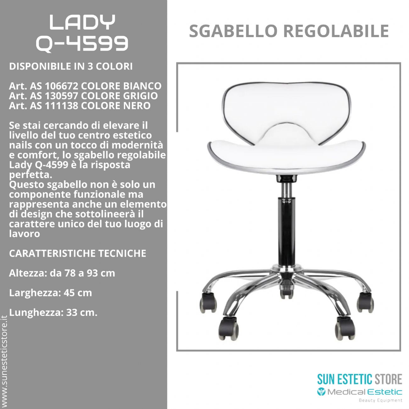 Lady Q-4599 sgabello poltroncina regolabile con schienale estetica nails