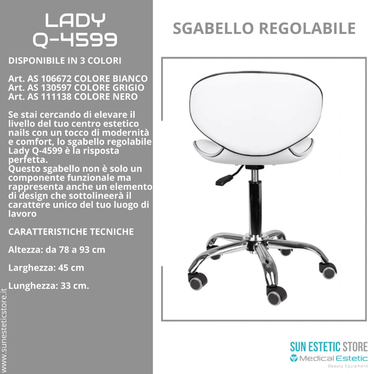 Lady Q-4599 sgabello poltroncina regolabile con schienale estetica nails