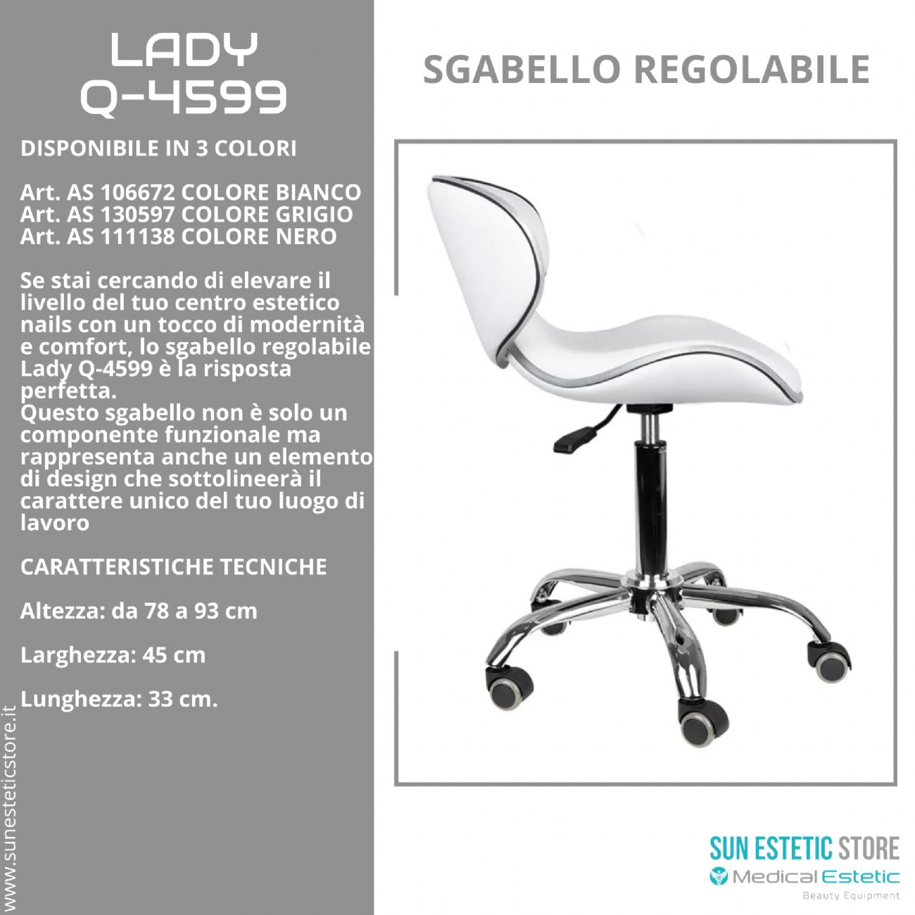 Lady Q-4599 sgabello poltroncina regolabile con schienale estetica nails